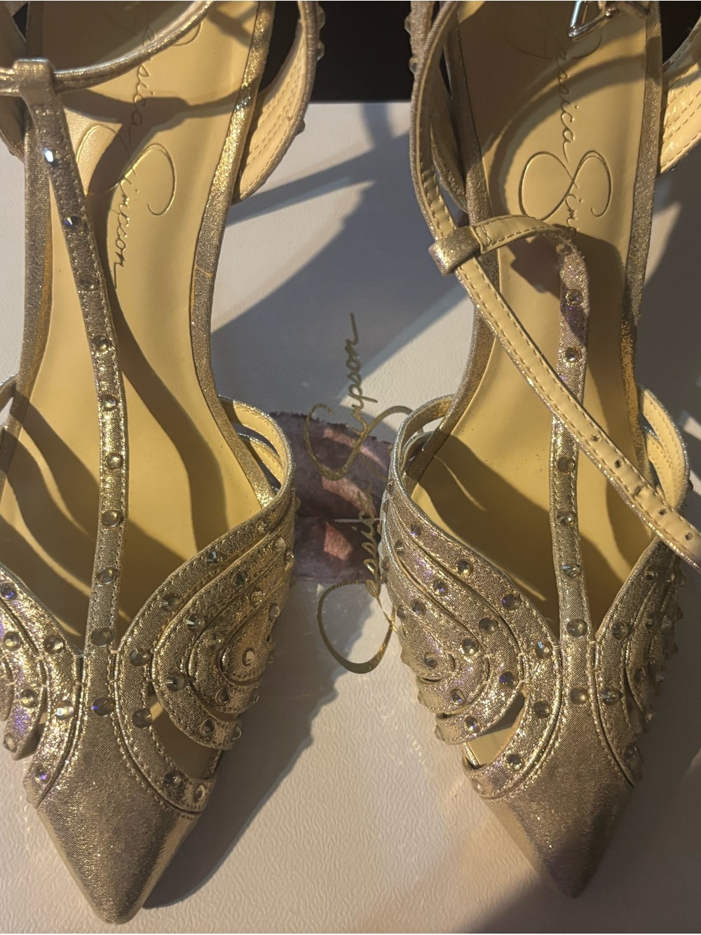 Jessica Simpson Metallic Gold Crystal T-Strap Pointed Toe Heels